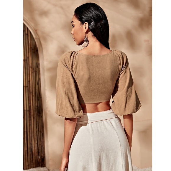Tie Front Khaki Crop Top - Picture 4 of 6
